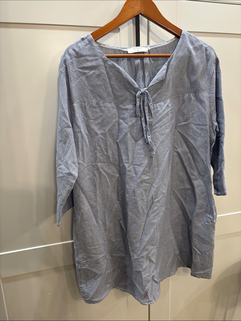 100% Cotton Striped Blue Tunic Shirt with Tie Neck